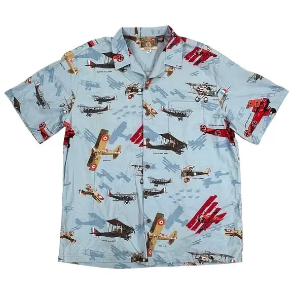 Kalaheo Mens WWII Fighter Plane Hawaiian Shirt Blue Size XL Camp Biplane - Picture 1 of 7